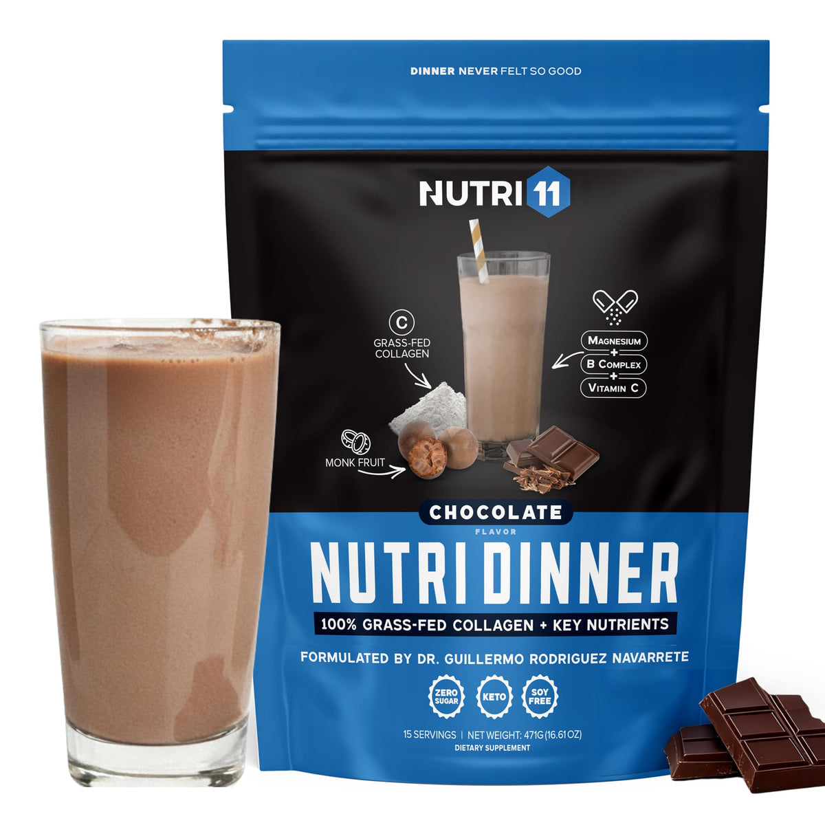 Nutri11 Poudre de Collagène de Nuit 540g vue avant avec étiquette