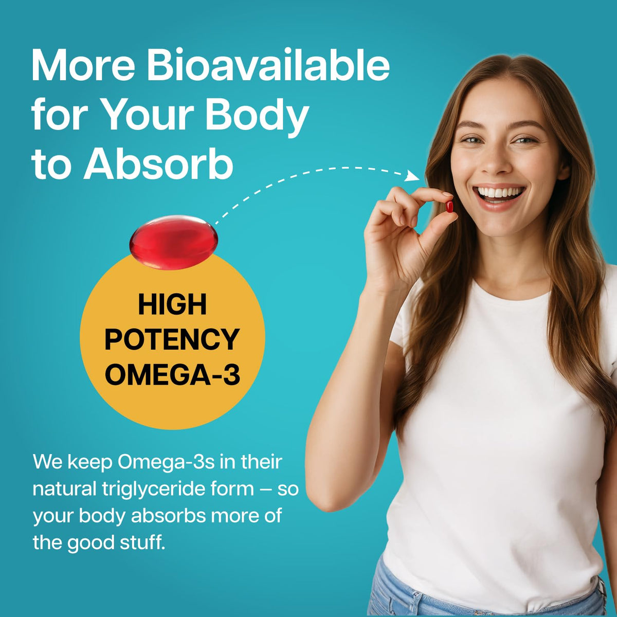 Nutriana Omega 3 Mini Capsules 1500mg EPA 800mg DHA à côté d'un verre d'eau