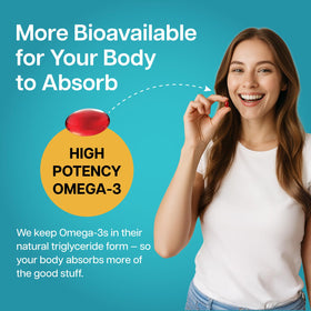 Nutriana Omega 3 Mini Capsules 1500mg EPA 800mg DHA à côté d'un verre d'eau