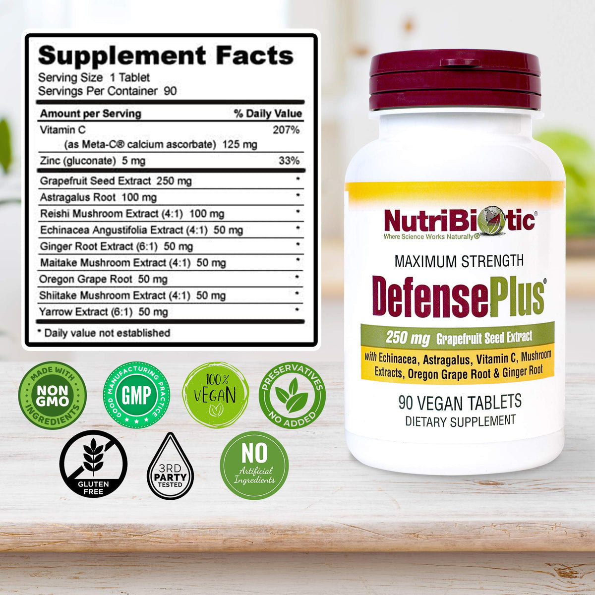 NutriBiotic DefensePlus, présentation des tablettes sur une table