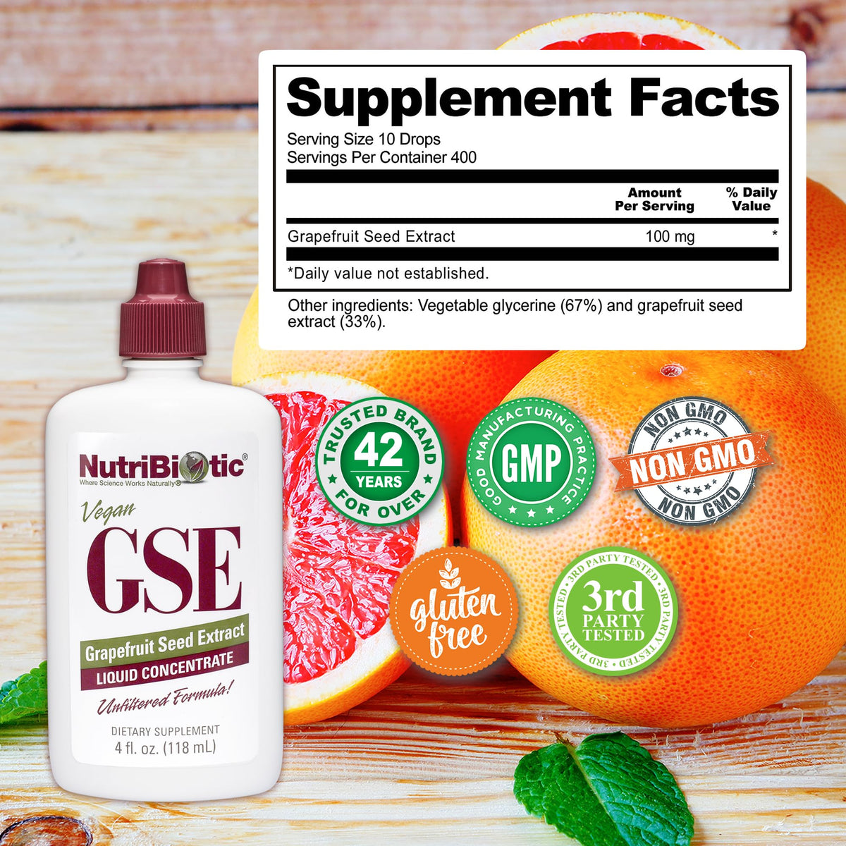 NutriBiotic Extrait de Graines de Pamplemousse 120 ml avec un verre d'eau