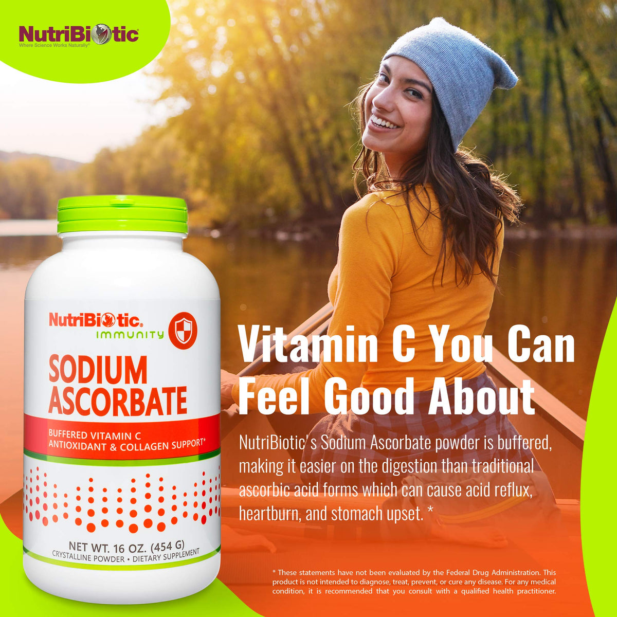 NutriBiotic Poudre de Vitamine C Buffered Sodium Ascorbate 490g avec cuillère doseuse
