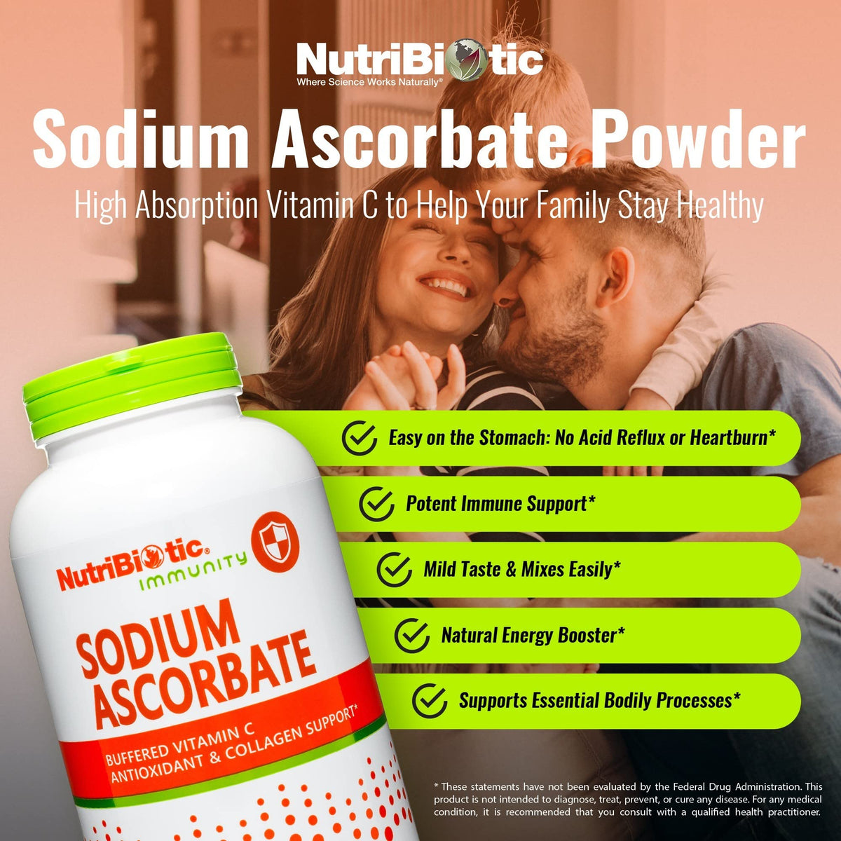 NutriBiotic Poudre de Vitamine C Buffered Sodium Ascorbate 490g emballage