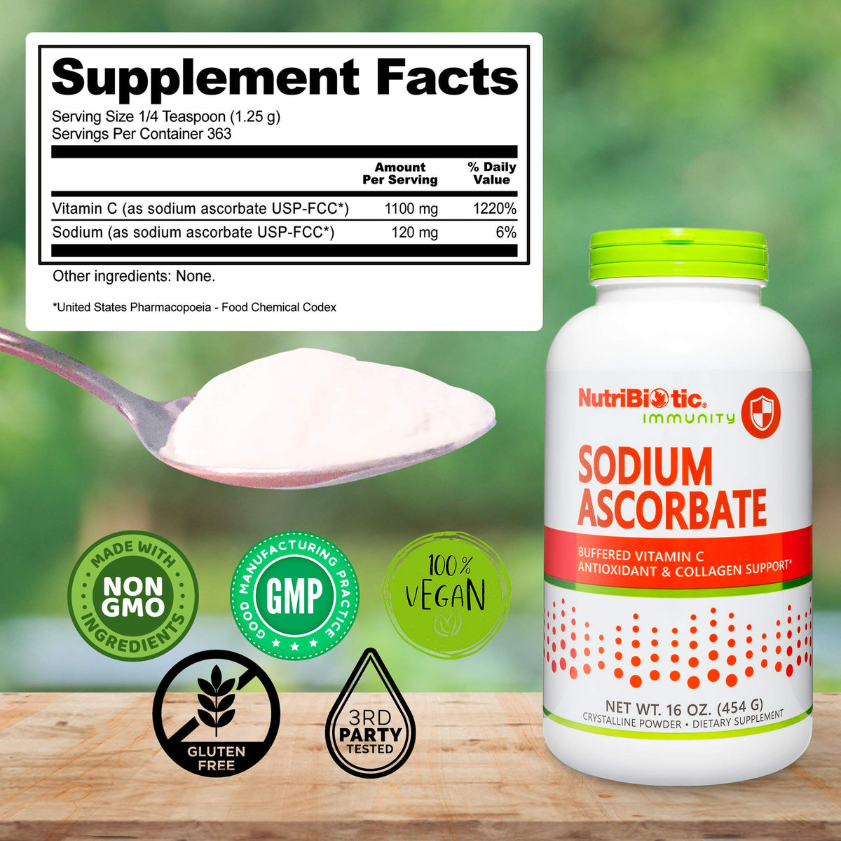 NutriBiotic Poudre de Vitamine C Buffered Sodium Ascorbate 490g vue de côté