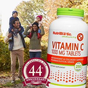 NutriBiotic Vitamine C 1000 Mg 250 comprimés - flacon ouvert avec comprimés