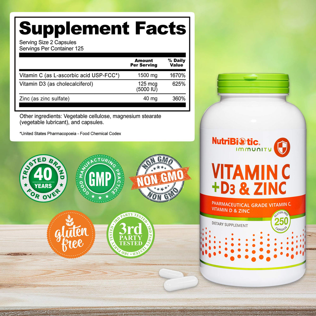 NutriBiotic Vitamine C + D3 & Zinc 250 capsules vue de dos