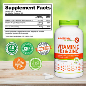NutriBiotic Vitamine C + D3 & Zinc 250 capsules vue de dos