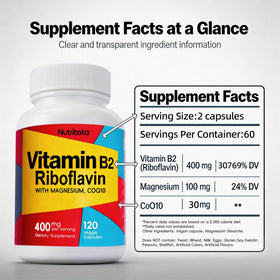 Nutribota B2 Riboflavine 400mg avec des ingrédients naturels en arrière-plan