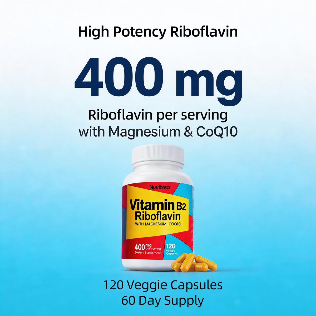 Nutribota B2 Riboflavine 400mg boîte ouverte montrant les capsules