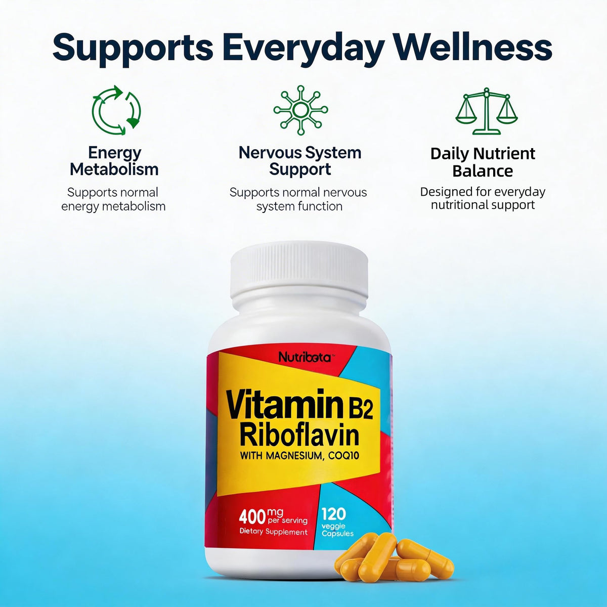 Nutribota B2 Riboflavine 400mg capsules sur une table en bois