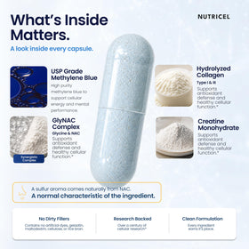 Nutricel Supplements Methylene Blue Capsules on a wooden table