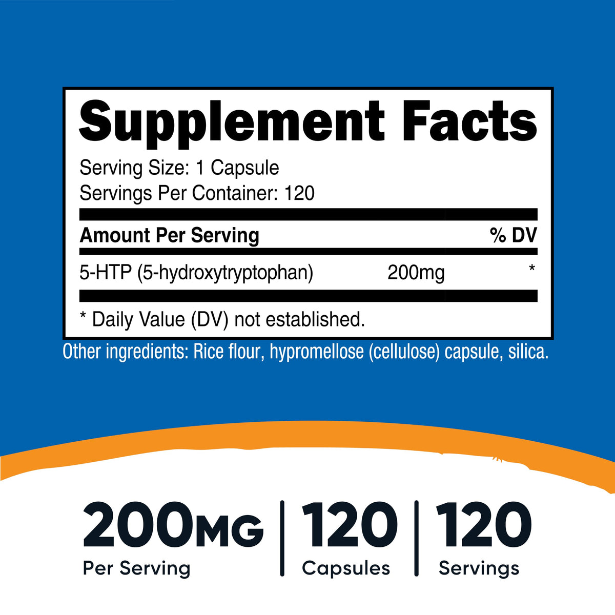 Nutricost 5-HTP 200mg capsules, étiquette sur le flacon