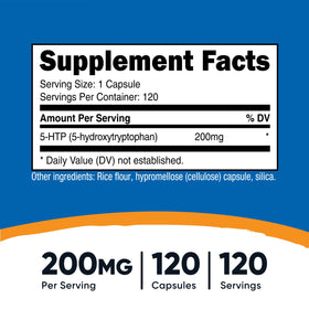 Nutricost 5-HTP 200mg capsules, étiquette sur le flacon
