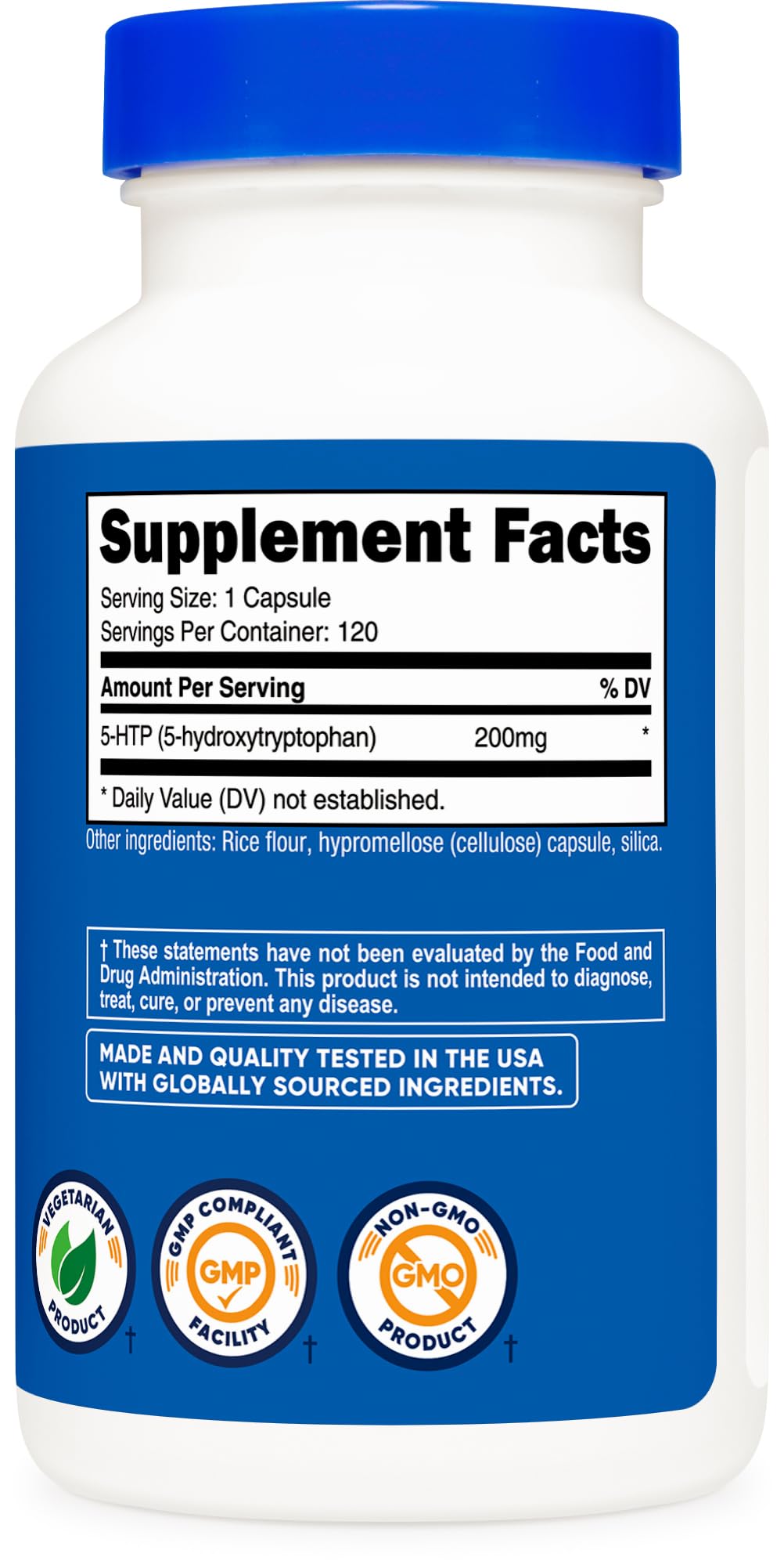 Nutricost 5-HTP 200mg, capsules végétariennes à côté d'un verre d'eau
