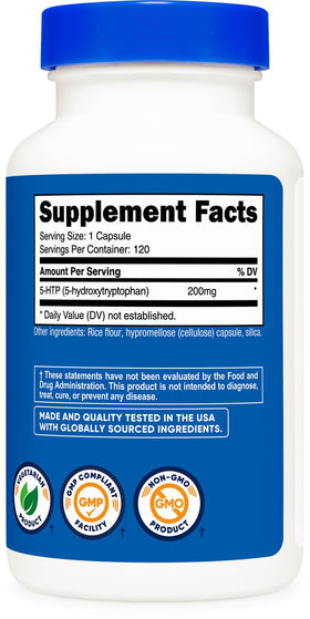 Nutricost 5-HTP 200mg, capsules végétariennes à côté d'un verre d'eau