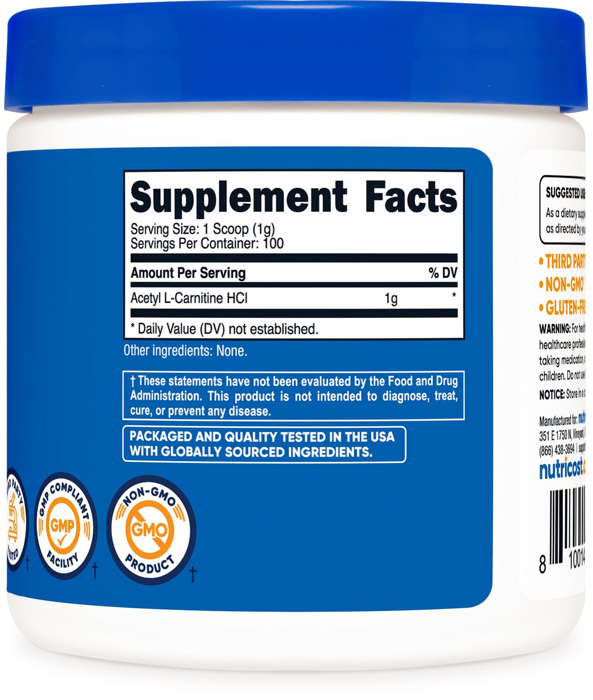 Nutricost Acétyl L-Carnitine 100 g vue arrière