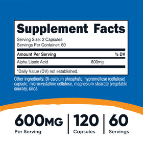 Nutricost Acide Alpha-Lipoïque 600mg bouteille - étiquette et dosage visible