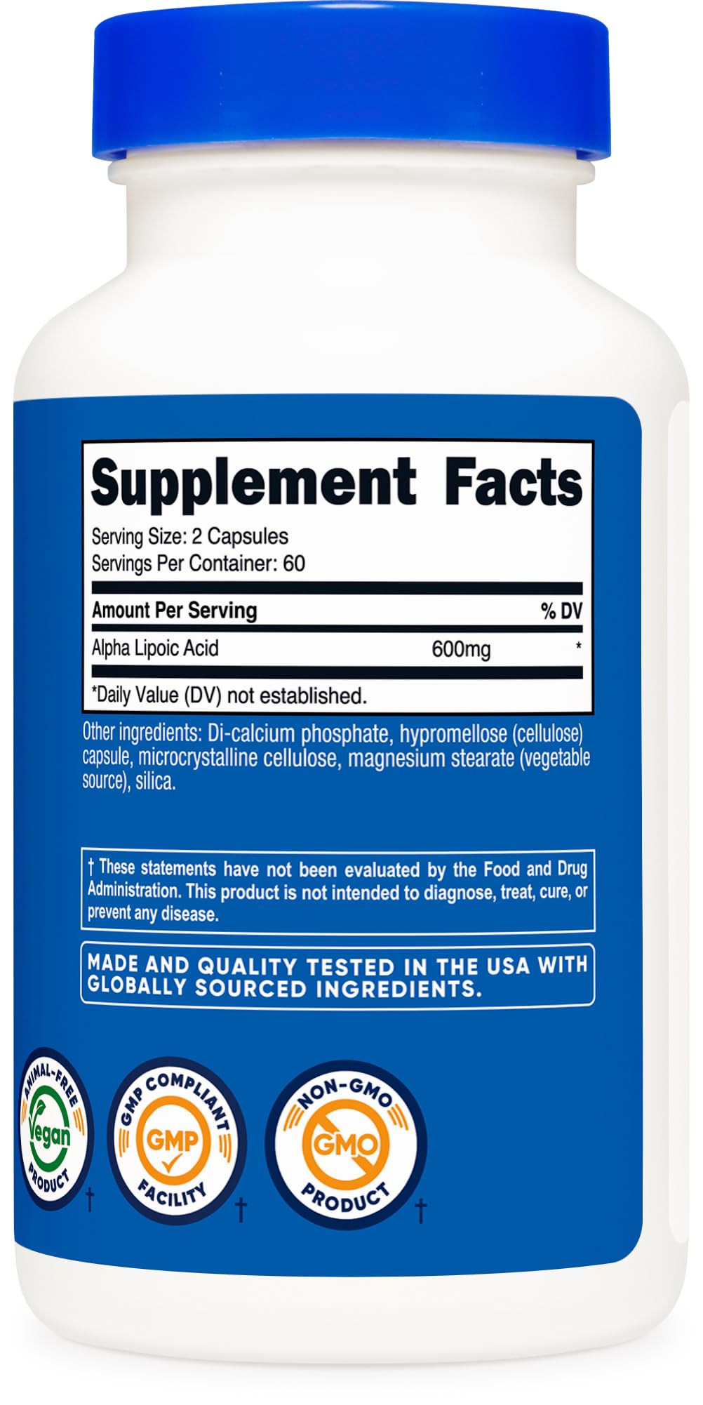 Nutricost Acide Alpha-Lipoïque 600mg - composition et labels de qualité