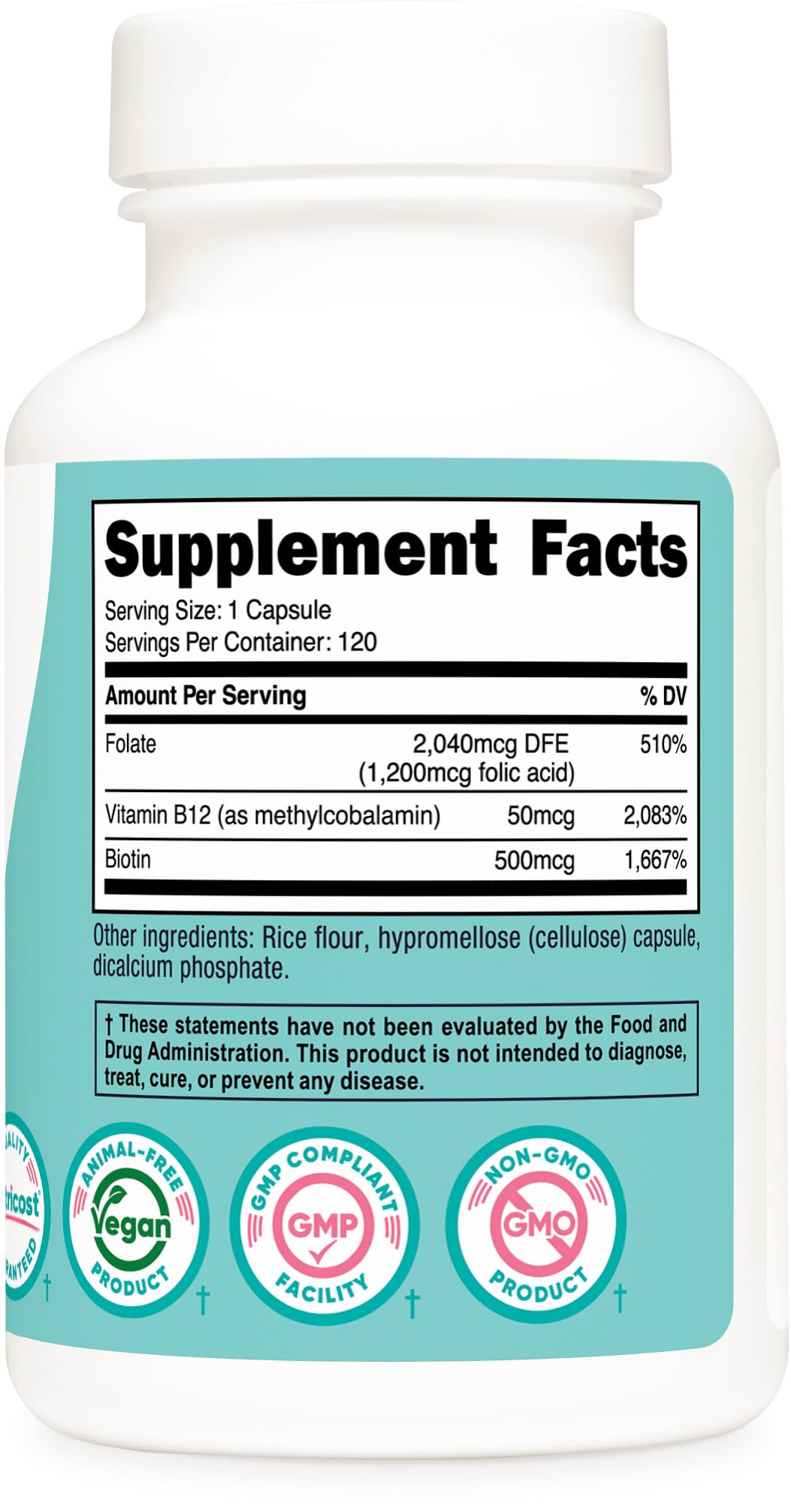 Nutricost Acide Folique 1200 mcg contenant 120 gélules