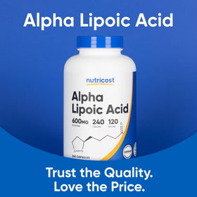 Nutricost Acide Lipoïque 240 capsules sur un plan de travail