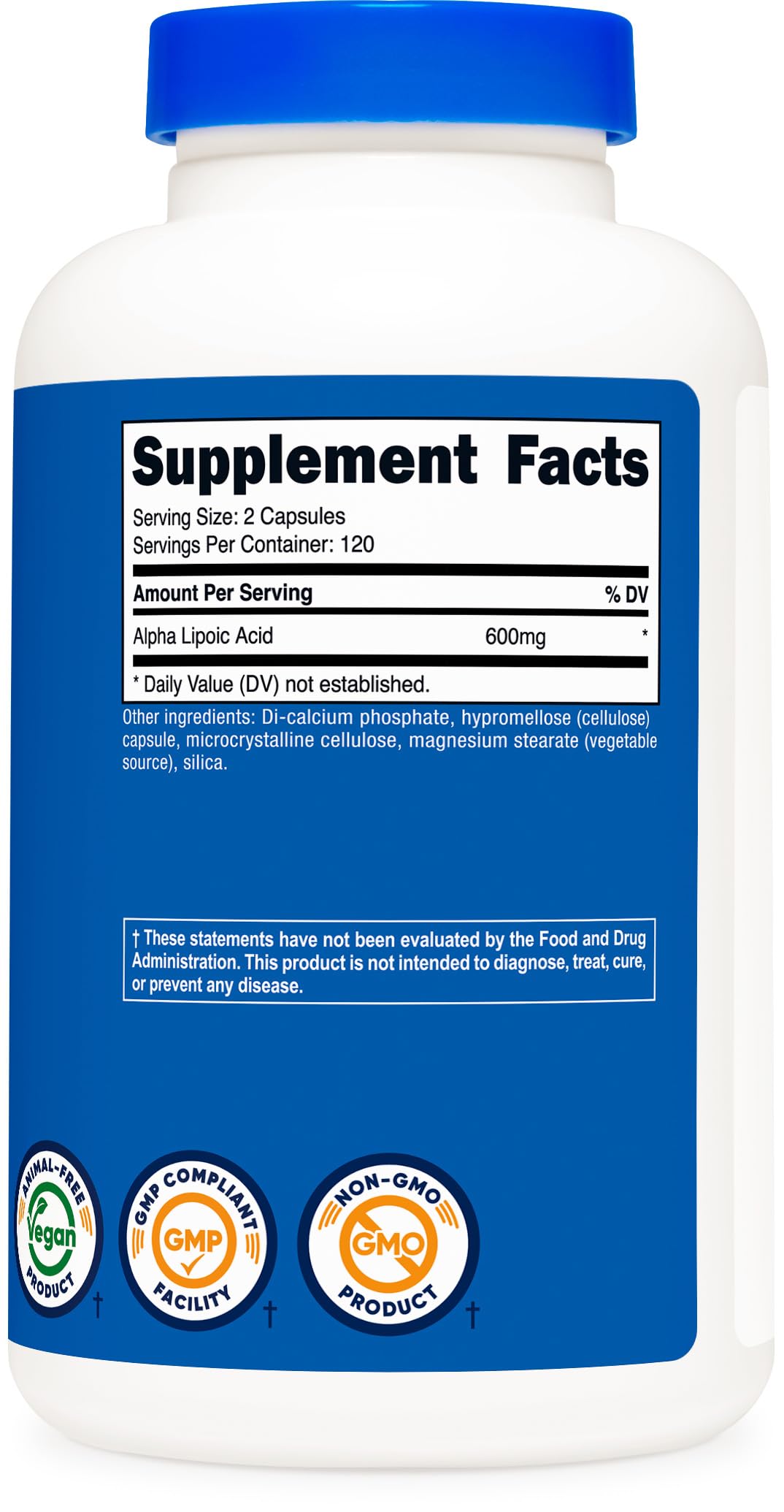 Nutricost Acide Lipoïque capsules avec mesure sur fond blanc