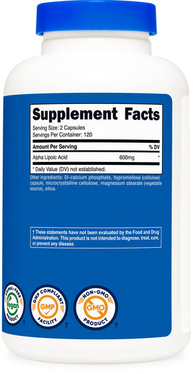 Nutricost Acide Lipoïque capsules avec mesure sur fond blanc