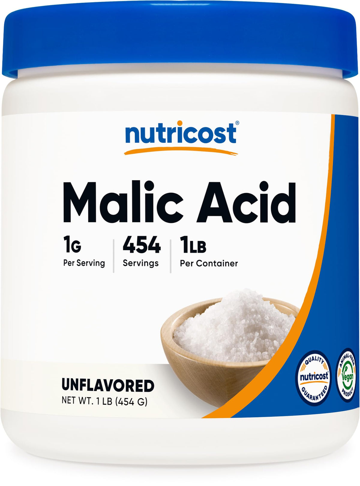 Nutricost Acide Malique Poudre 454G vue avant avec étiquette