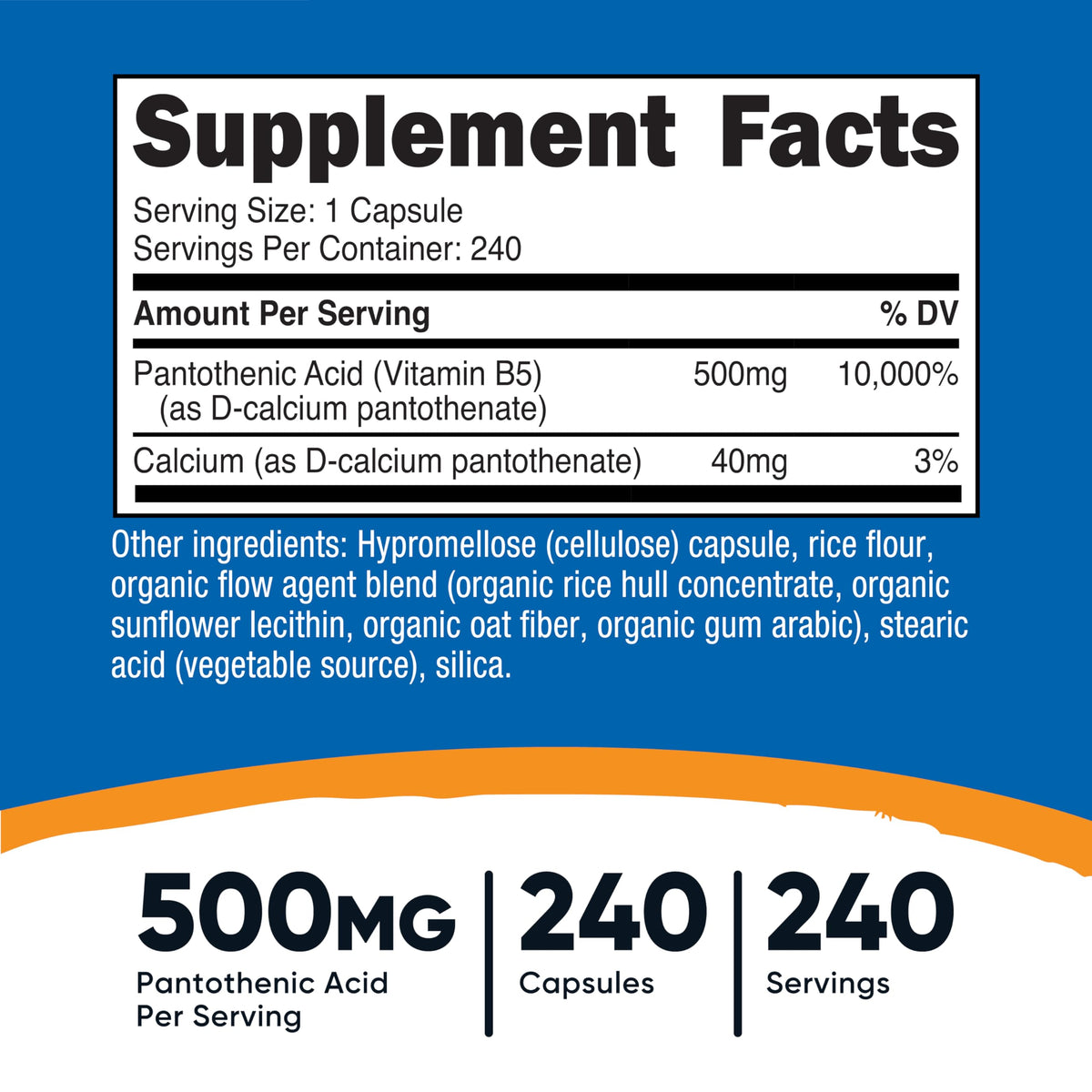 Nutricost Acide Pantothénique 500mg capsules en gros plan