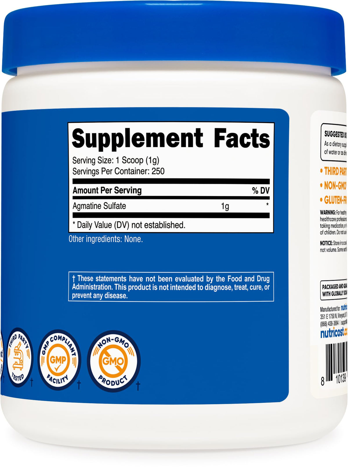 Nutricost Agmatine Sulfate Poudre 250g vue de côté