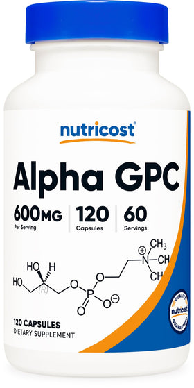 Nutricost Alpha GPC 600mg 120 capsules végétariennes vue de face