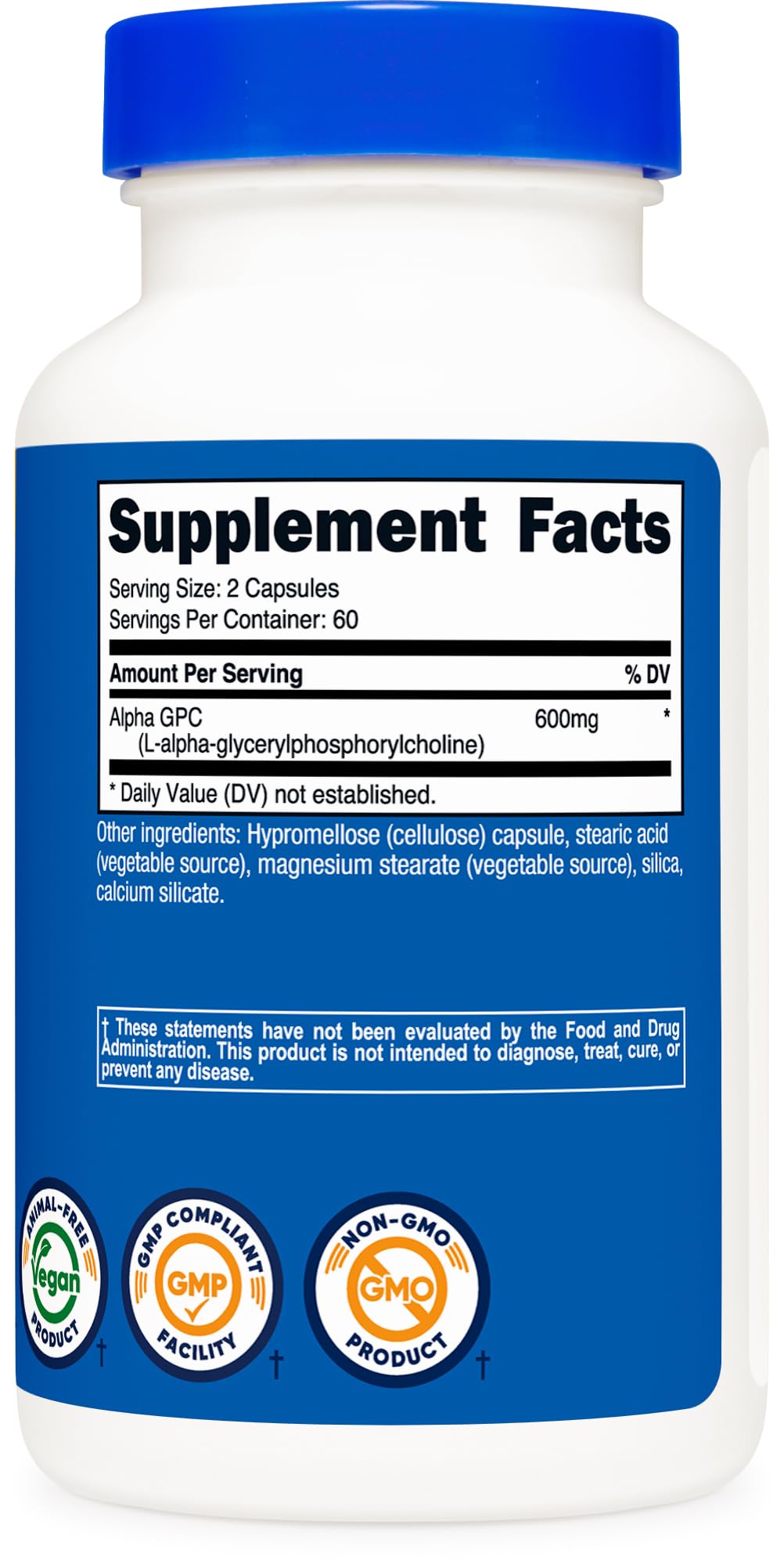 Nutricost Alpha GPC 600mg sur une table avec des compléments alimentaires