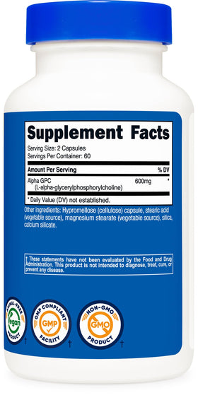 Nutricost Alpha GPC 600mg sur une table avec des compléments alimentaires