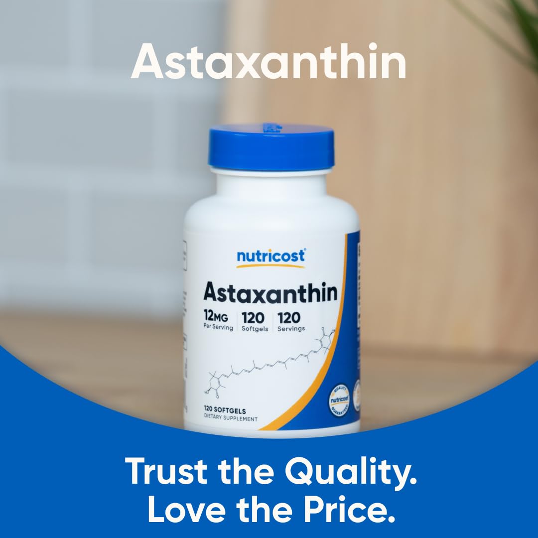 Nutricost Astaxanthin 12mg présentée avec d'autres compléments alimentaires