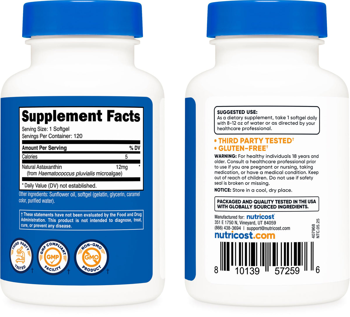 Nutricost Astaxanthin 12mg sur fond blanc