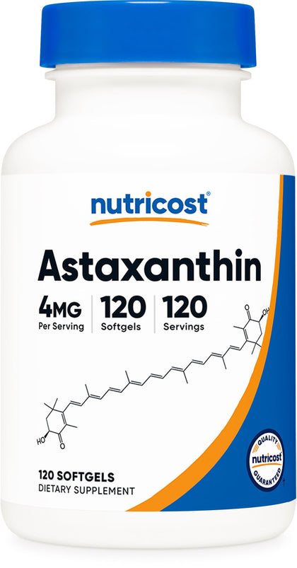 Nutricost Astaxanthin 4mg bouteille de 120 gélules molles vue de face