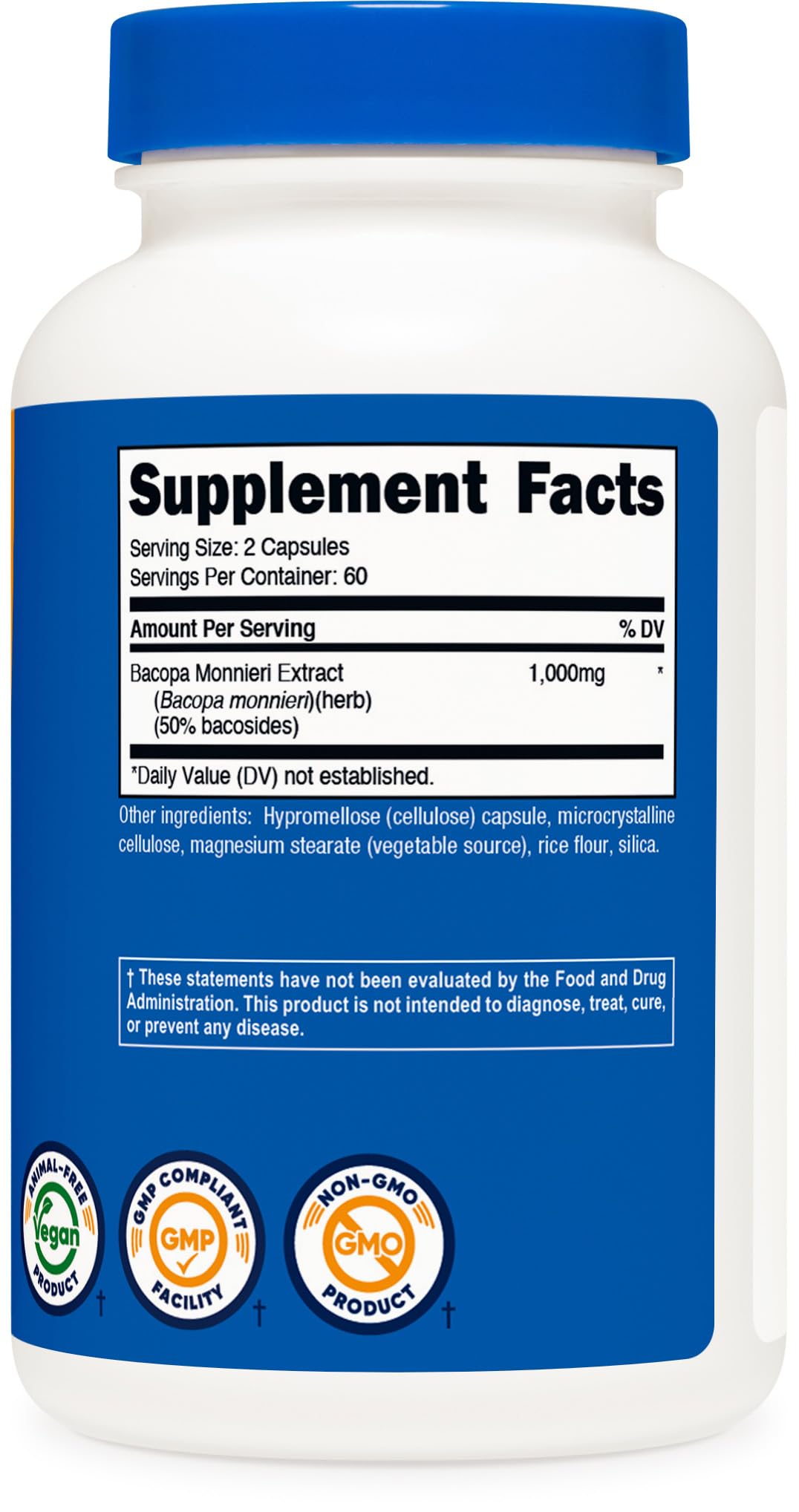 Nutricost Bacopa Monnieri 1 000mg capsules avec verre d'eau