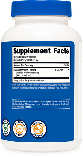 Nutricost Bacopa Monnieri 1 000mg capsules avec verre d'eau