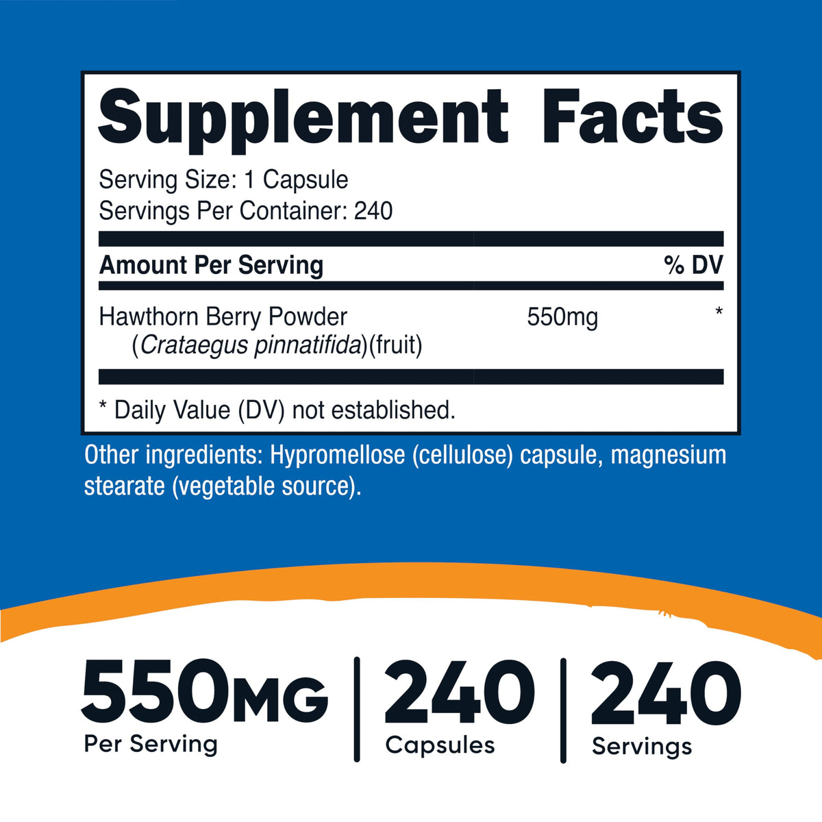 Nutricost baies de aubépine 550mg gélules, vue arrière avec informations nutritionnelles