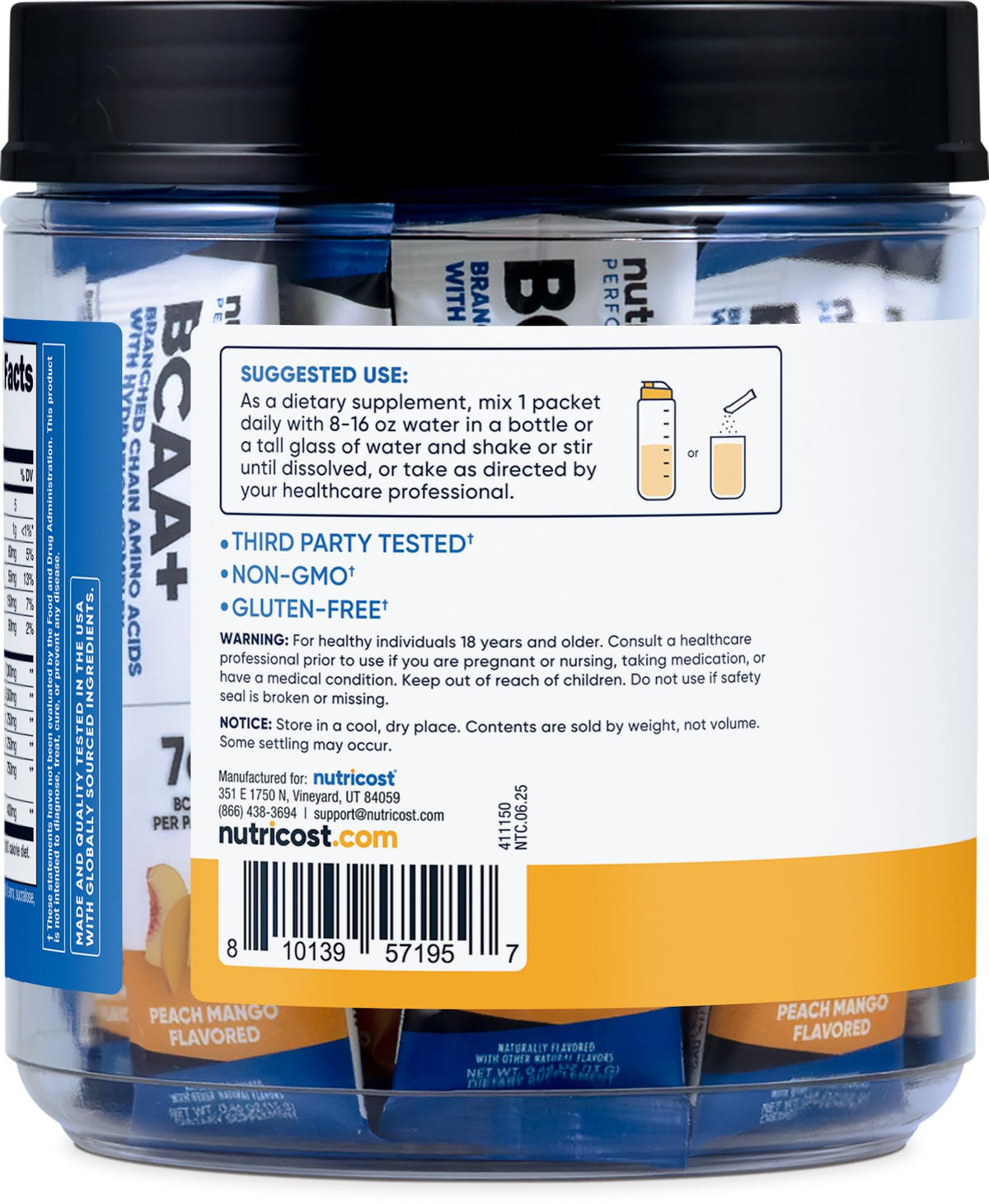 Nutricost BCAA+ Hydration Pêche Mangue emballage vue de côté