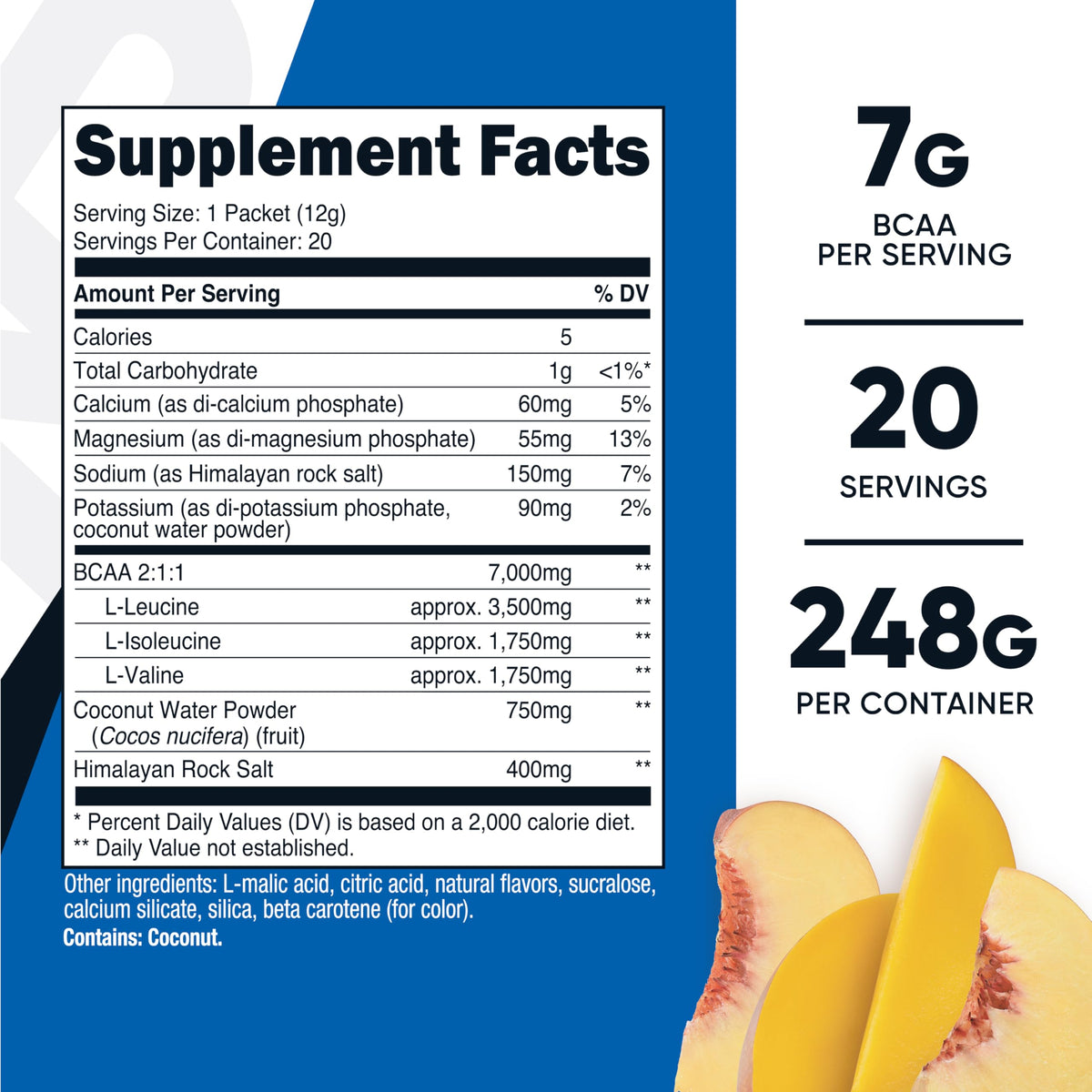 Nutricost BCAA+ Hydration Pêche Mangue stickpack ouvert avec poudre