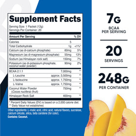 Nutricost BCAA+ Hydration Pêche Mangue stickpack ouvert avec poudre