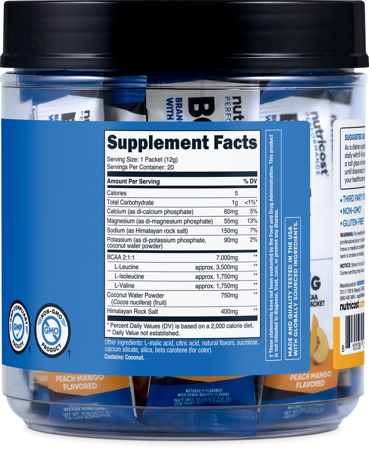 Nutricost BCAA+ Hydration Pêche Mangue stickpacks avec fruits frais