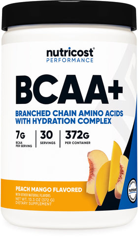 Nutricost BCAA + Hydration Pêche Mangue vue avant avec étiquette