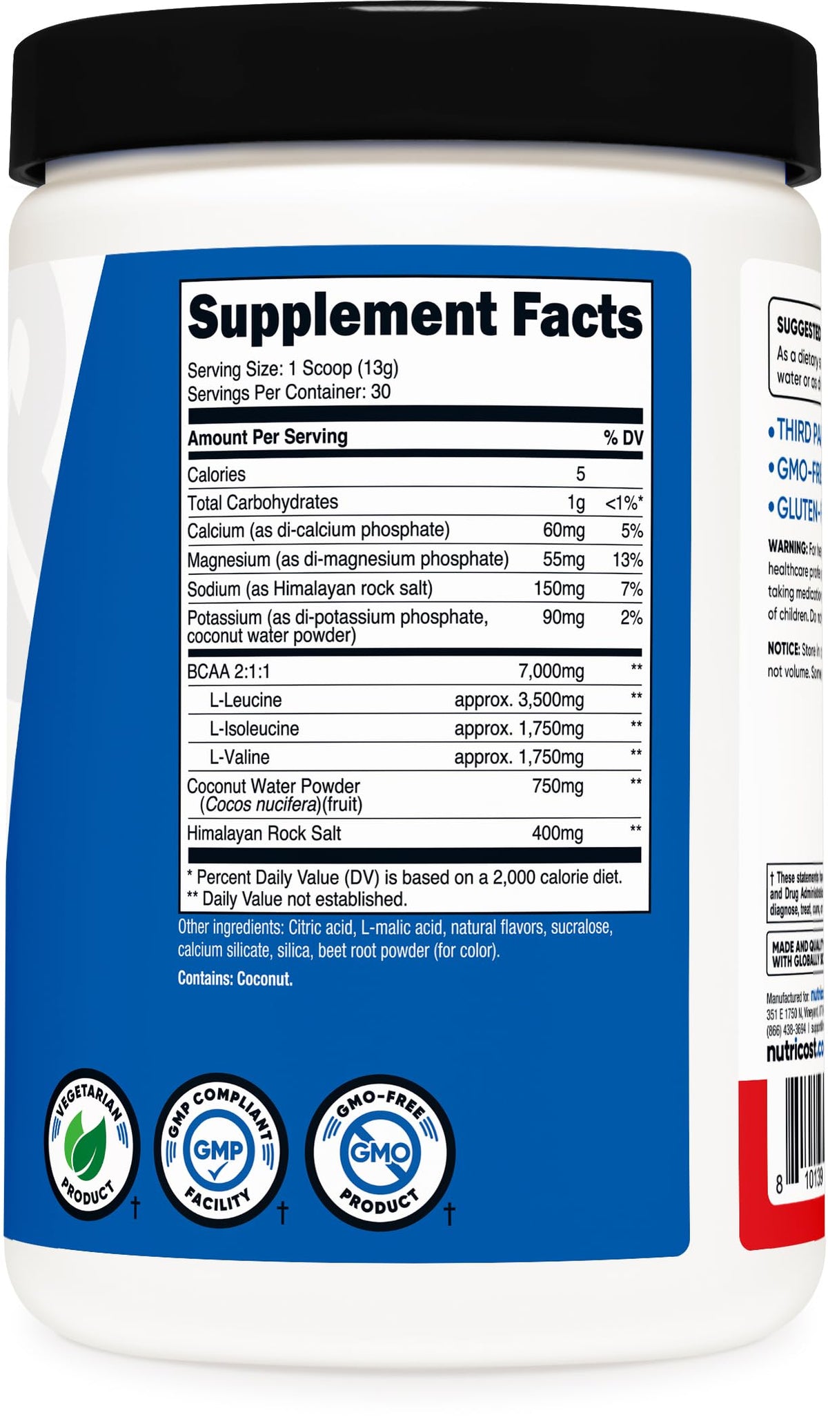 Nutricost BCAA + Hydration Poudre Fruit Punch étiquette et informations