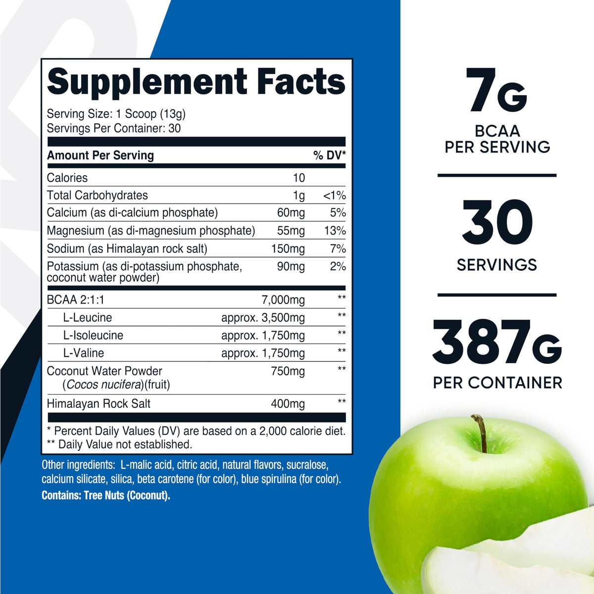 Nutricost BCAA + Hydration Poudre Pomme Verte, vue arrière avec ingrédients