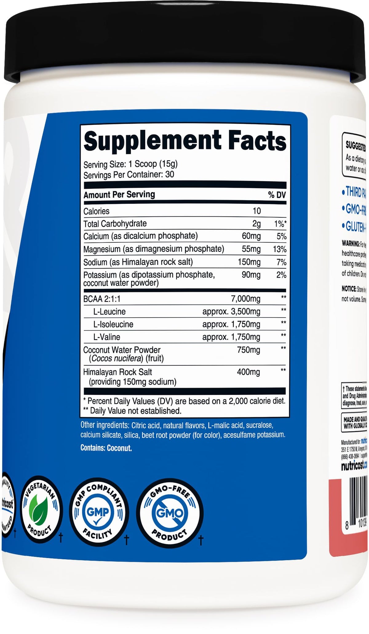 Nutricost BCAA + Hydration poudre vue de côté