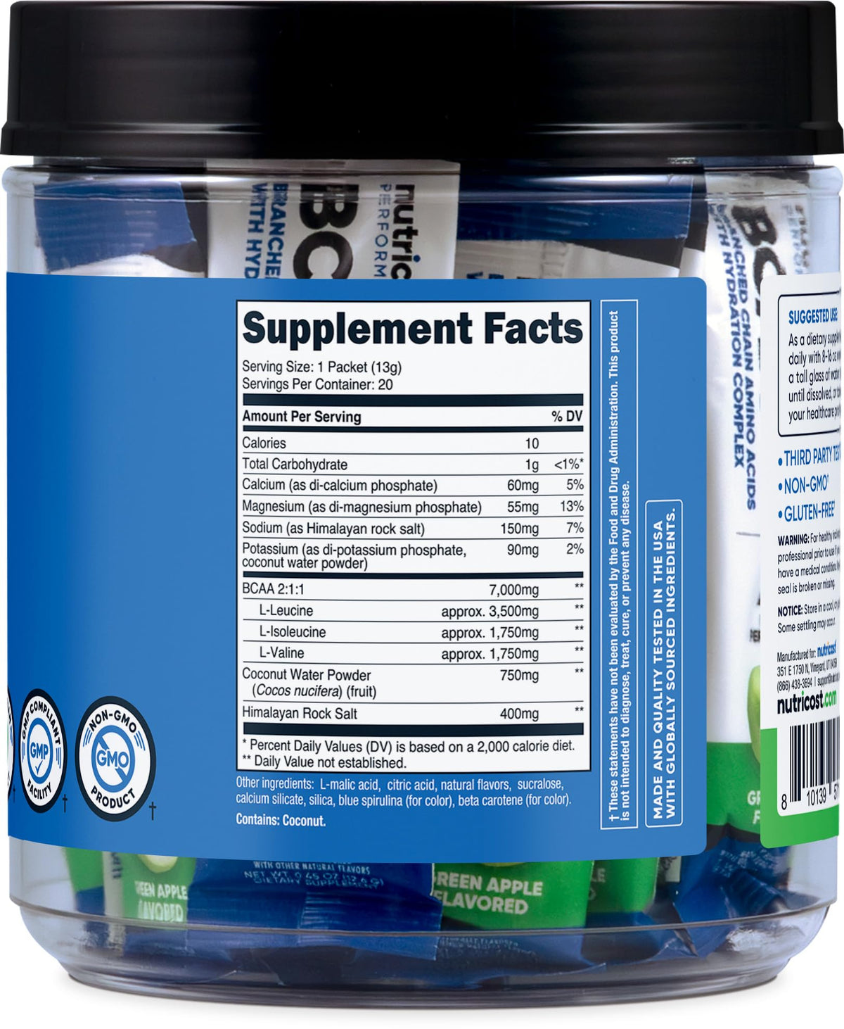 Nutricost BCAA+ Hydration sachets goût pomme verte avec ingrédients sur fond blanc