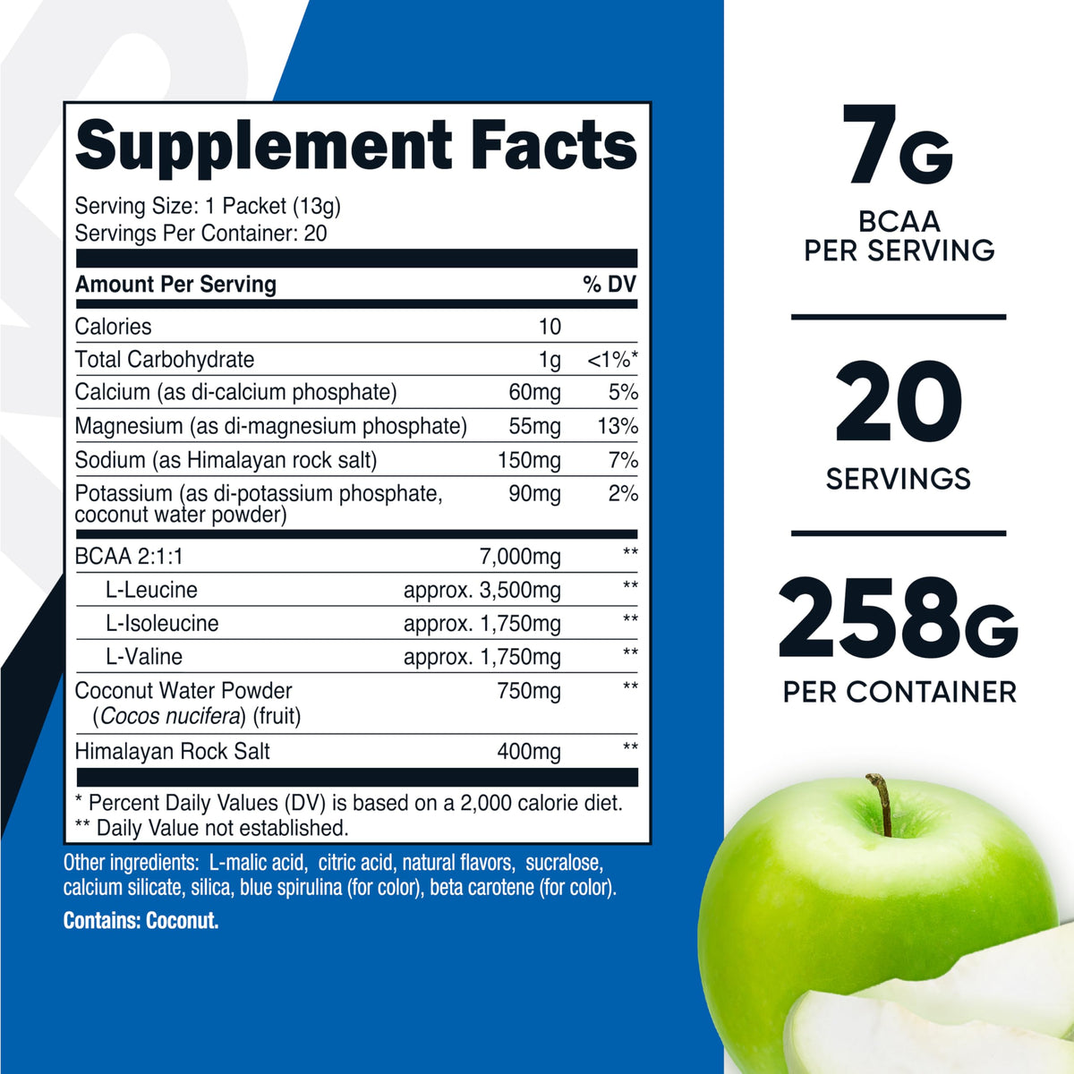 Nutricost BCAA+ Hydration sachets goût pomme verte, vue de côté