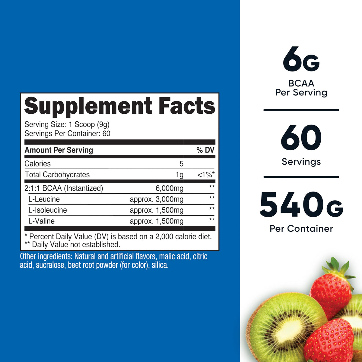 Nutricost BCAA Poudre 630g - vue de côté avec cuillère incluse
