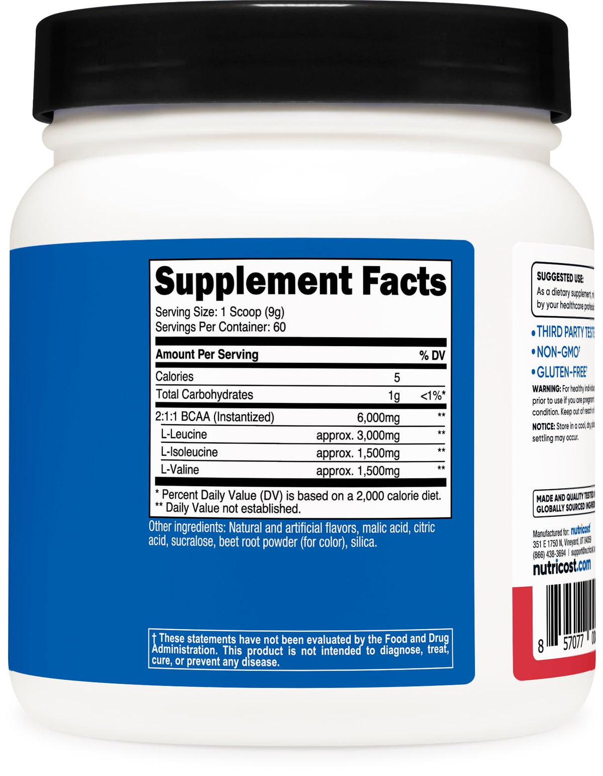 Nutricost BCAA Poudre 630g - vue de l'arrière avec informations nutritionnelles